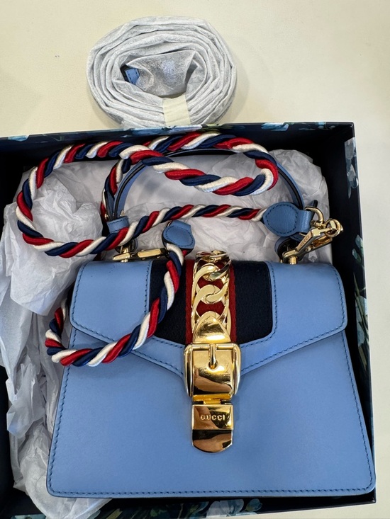 Gucci Handbags - Gucci Light Blue Leather Top Handle Satchel with Tricolor Rope Strap